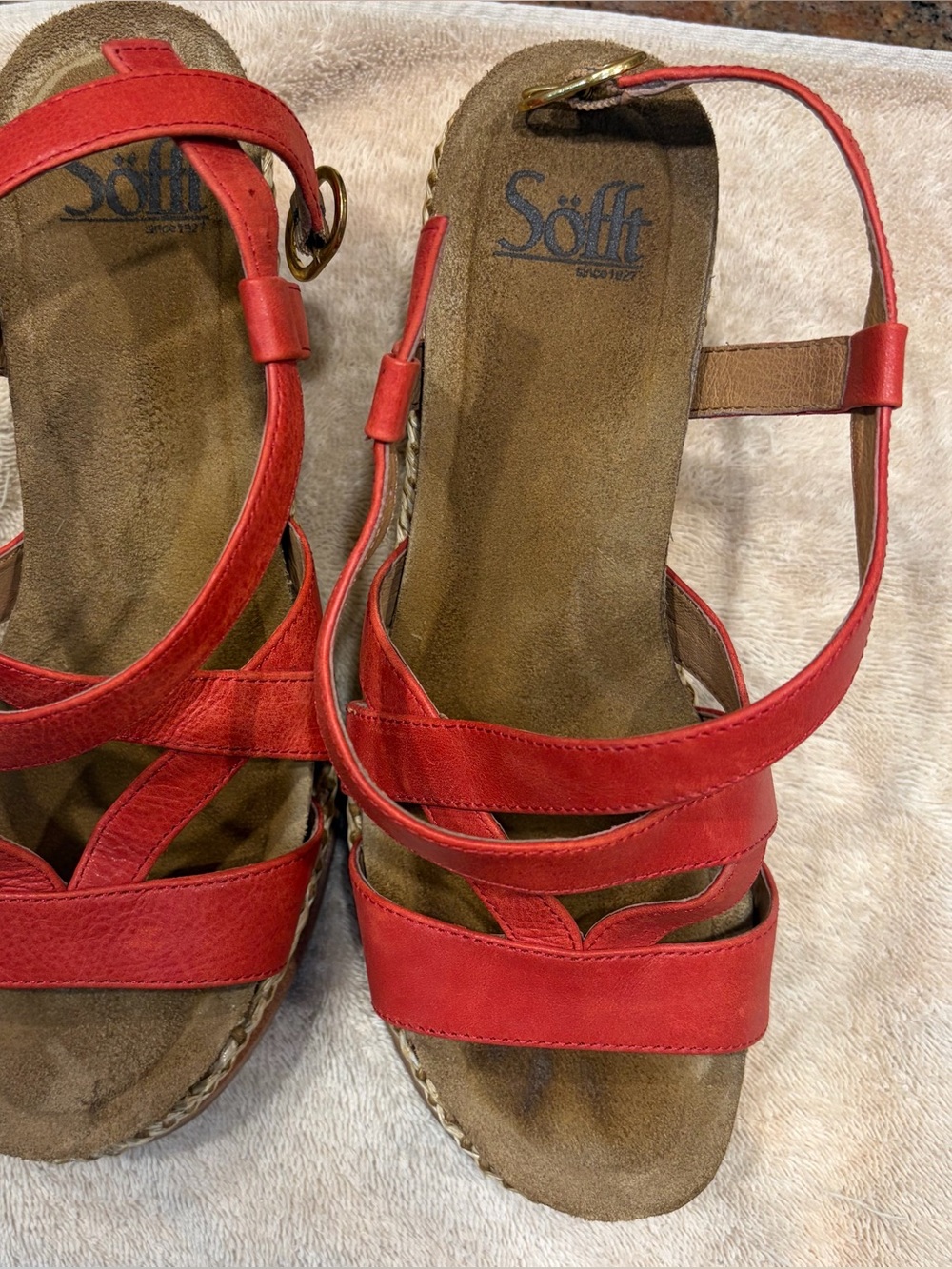 Sofft Red Leather Strappy Wedge Sandals